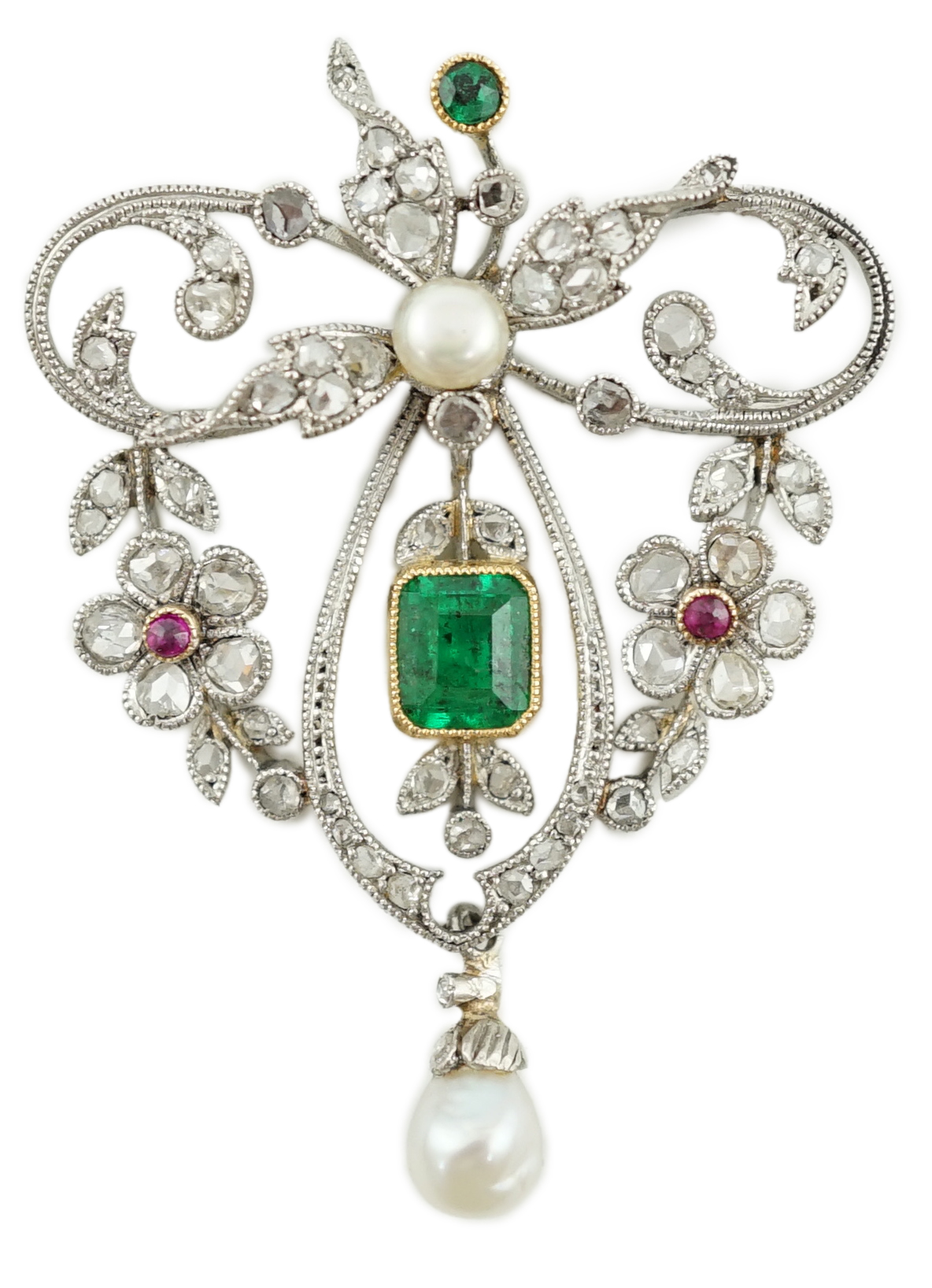 A Belle Epoque gold and platinum, emerald, pearl, ruby and diamond cluster set drop pendant brooch